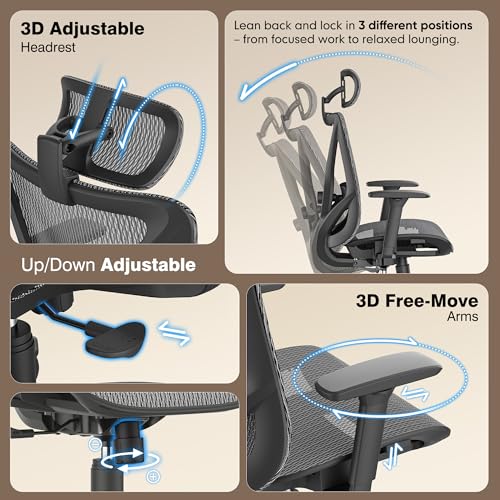 Image of ELABEST T23 Ergonomic Mesh Office Chair, High Back Computer Desk Chair, Breathable AirMesh with Dual-Move Lumbar Support, 3D Armrests & Headrest, Tilt Lock,Big and Tall for Home Office(Graphite)