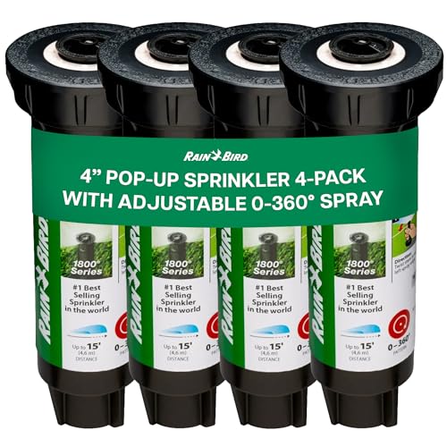 Rain Bird 1804APPRS Pressure Regulated 1800 Series Dual Spray 4 Inch Pop Up Sprinkler Head 4 Pack - Water Efficient Lawn Sprinkler with 360 Degree Pattern 1/2 Inch NPT Up to 15 Ft Spray Distance
