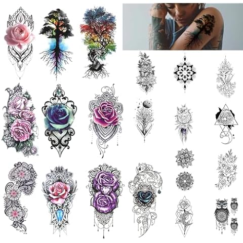 20 Sheets Large Temporary Tattoos for Women Girls Tree of Life Black Lace Flower Fake Tattoo Stickers Cover