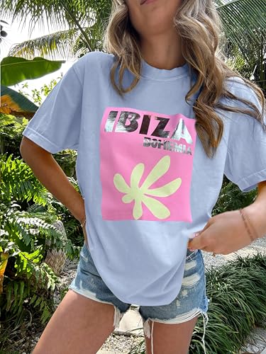 Image of Vintage Oversized Flower Graphic Tees Cute Surfboard Palm Baggy T-Shirts Summer Preppy Beach Tops Teen Girls Clothes