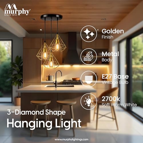 Image of Murphy Hanging Light 3-Diamond Cluster Pendant Light, Modern Chandelier for Living Room, Diwali Decoration - Golden, Pack of 3 (Bulb Included)