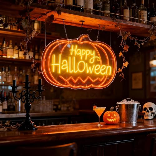 Image of Custom Happy Halloween Neon Sign,20-40 Inch Halloween Led Sign, Personalized Pumpkin Halloween Light Up Sign for Wall,Window,Room,Home,Party,Indoor,Commercial