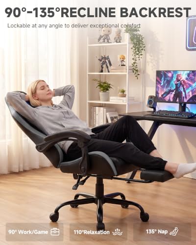 Image of LUCKRACER Gaming Chair, Comfy Computer Chair w /Footrest for Adults, Gray