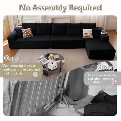 Image of 166.9 inch Cloud Sectional Couch with L-Shape Chaise, Upholstered Corduroy Couches Sleeper with Deep Seat, Modern Modular Comfy Sofa Chaise Longue for Living Room Bedroom, No Assembly Required, Black