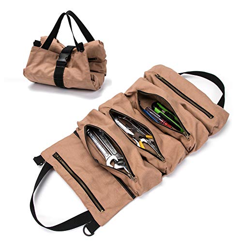 Super Tool Roll Up Bag, Heavy Duty Tool Bag Wrench Organizer with 5 Zipper Pockets, Canvas Pliers Organizer for Mechanics, Tool Pouch Sling, Car Seat Back Organizer, Ideal Gift for Men (Brown)