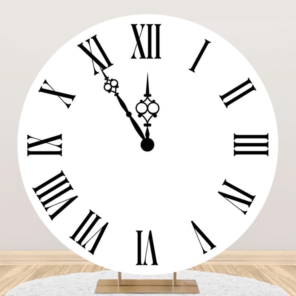 7.2x7.2ft Vintage Clock Round Backdrop for New Year White Clock Countdown Photography Background for Xmas Happy New Year Eve Party Baby Shower Birthday Decoration Photo Shot Prop Polyester