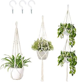 OurWarm Macrame Plant Hangers Indoor, 3 Pack Wall Hanging Planter Basket Cotton Rope Flower Pot Macrame Hanging Plant Holders with 3 Hanging Hooks for Ceiling Outdoor Garden Home Décor
