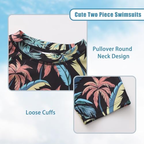 Image of Girls Two Piece Rash Guard Swimsuits Set Short Sleeve Bathing Suit for Kids Hawaiian Swimwear Set 3-16 Years