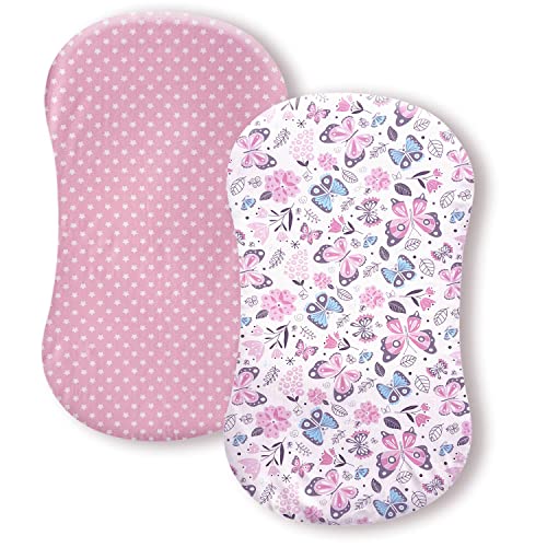 Image of AMROSE Premium Cotton Butterfly Bassinet Sheets, Fit for Halo Bassinest Swivel Sleeper, 2 Pack Hourglass Bassinet Mattress Sheet Set for Girl, Soft Breathable Safe, Pink Stars Butterfly