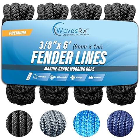 WavesRx Boat Fender Lines 3/8'' x 6' (4PK) | Premium Marine Rope for Hanging Bumpers & Buoys When Docking Your Watercraft | Double Braided Nylon with 5" Eyelet for Easy Attachment to Cleats & Hooks Cover