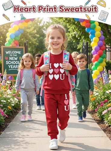Image of Cute Toddler Girls Sweatsuit - Casual Heart Print Child Clothes Fall Outfit