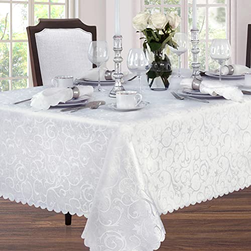 Newbridge Portofino Scalloped Damask Fabric Tablecloth, Wrinkle And Stain Resistant Fine Dining And Holiday Tablecloth, 60 Inch X 84 Inch Oblong/Rectangle, White #TOP1