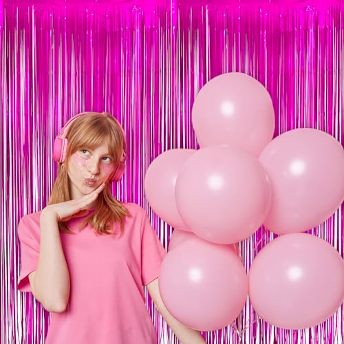 Image of Hot Pink Party Streamers Backdrop - GREATRIL Shiny Fuchsia Tinsel Foil Fringe Curtain for Birthday /Flamingo /Fancy /Galentine /Breast Cancer Awareness Decorations - 3.2ft X 8.2ft - 2 Packs