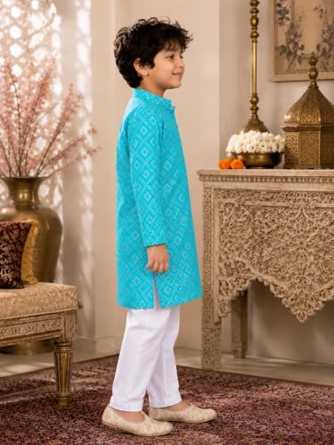 Image of superminis Boys Silver Foil Printed Kurta, Round Collar, Full Sleeves With White Pyjama Cotton Kurta Set