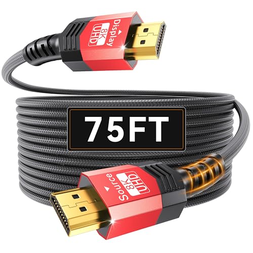 Image of Fiber Optic HDMI 2.1 Cable 75FT,48Gbps Ultra High Speed Braided Uni-Directional Cord-8K@60Hz 4K@120Hz /144Hz HDCP 2.2&2.3 eARC DTS:X HDR10 VRR Compatible for RTX 5090 /PS5 /Xbox X /S /TV etc