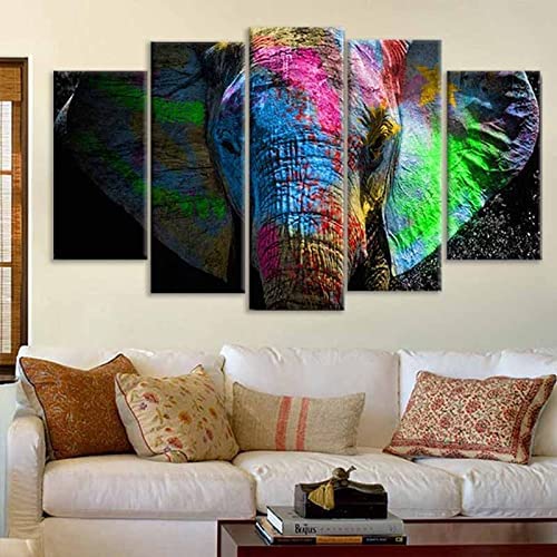 Tableau Multi Panneau 5 Parties Tableau Impression Sur Toile 150×80 Cm 5 Pieces Toile Tableau Tableaux Decor Murale Salon Moderne Éléphant Animal De Couleur...