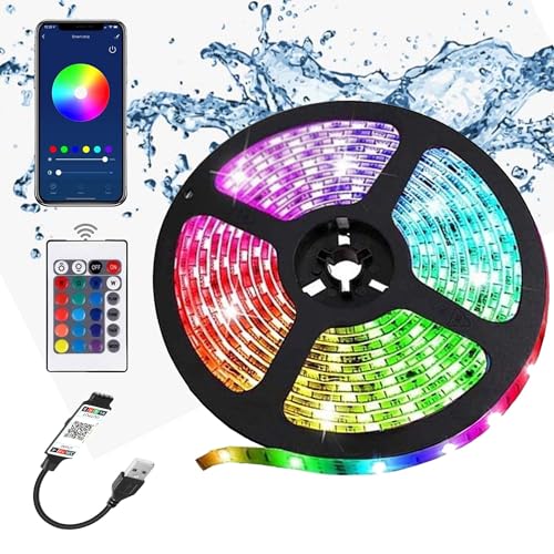 rynli Waterproof LED Strip Lights with Bluetooth, 5M RGB LED Strip Light with Remote, USB Powered, Color Changing, Decorative Lighting Ideal Lights for Bedroom, Kitchen, Gaming, TV Backlight