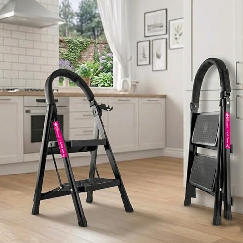 Image of Casa Copenhagen Black 2 Step Ladder for Home Use with Built-in Tool Tray | Heavy Duty D Shape Rods | Ultra Large Platform | Wide Rubber Feet | 150Kg Capacity Foldable Ladder - 7 Years Warranty