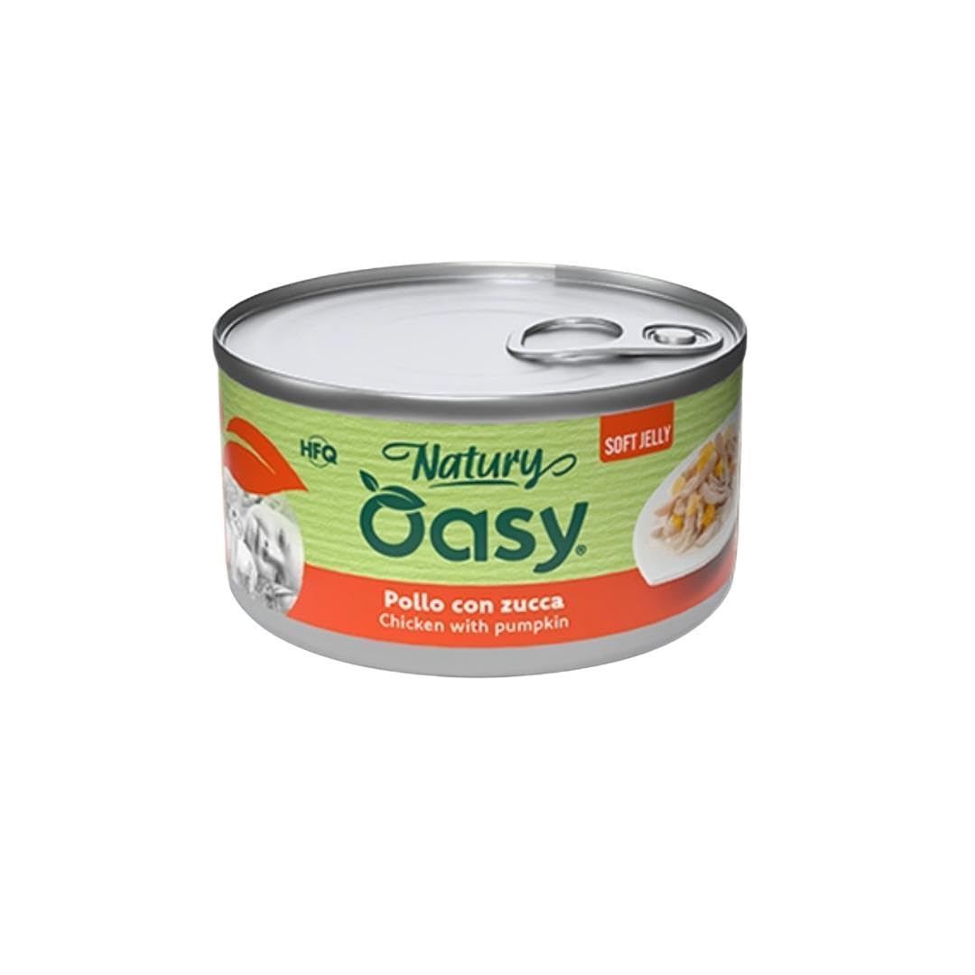 Oasy - Comida húmeda para gatos naturales con sabor a pollo con calabaza, suaves pelusas naturales de Soft Jelly para gatos adultos de todos los tamaños y razas | 24 latas de 85 gramos cada una.