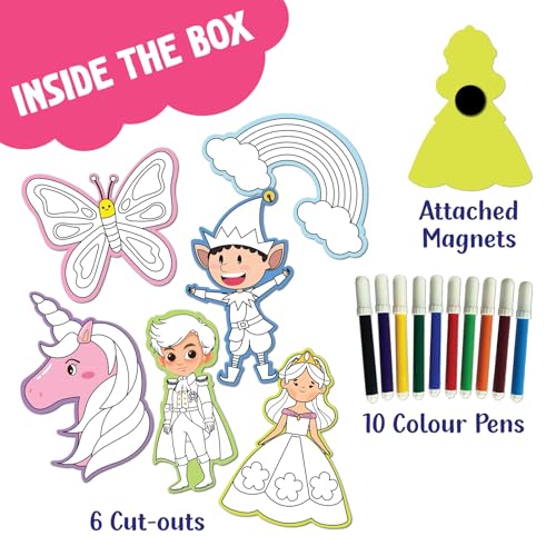 Image of SparkLPlay DIY Craft Kit for Kids Coloring Set with 6 Fridge Magnet Cutouts, 10 Color Pens. Mess Free. Gift for Kids. (Unicorn Princess)