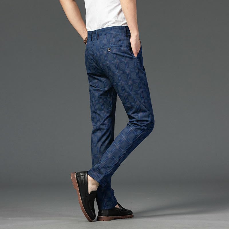 Men's Spring Plaid Elastic Business Slim Straight Trendy Casual Pants3