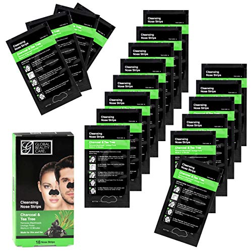 Global Beauty Care Charcoal & Tea Tree Nose Strips for Blackhead Removal, Deep Cleansing Pore Strips, Unclog Pores Remove Oil Dirt, Easy Peel Nose Mask for Men Women All Skin Types (18 Count)
