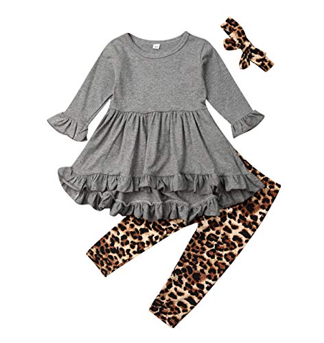 Toddler Baby Girl Clothes Long Sleeve Horns T-Shirt Tops + Sunflower Bell Bottom Pants Fall Winter Outfits Sets (Gray Tunic Dress+Leopard Pants, 2-3 Years)