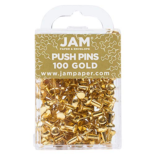 JAM PAPER Colorful Push Pins - Gold Pushpins - 100/Pack