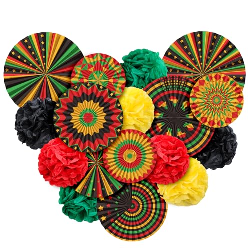 Whaline 17Pcs Juneteenth Decorations Hanging Paper Fans Black History Month Black Red Yellow Green Honeycomb Pom Pom Flower for African American Party Kwanzaa Classroom Wall