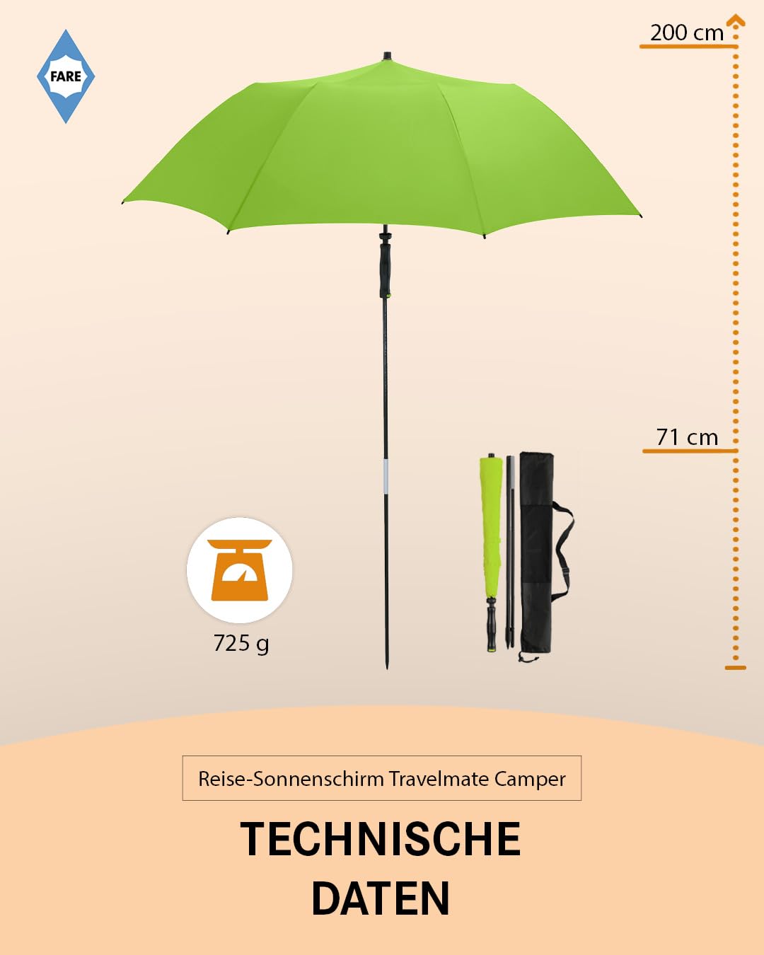 FARE Parasol podróżny Travelmate Camper – lekki i kompaktowy, ochrona przed promieniowaniem UV UPF50+, idealny w podróży, na plażę, na kemping – może być używany jako parasol