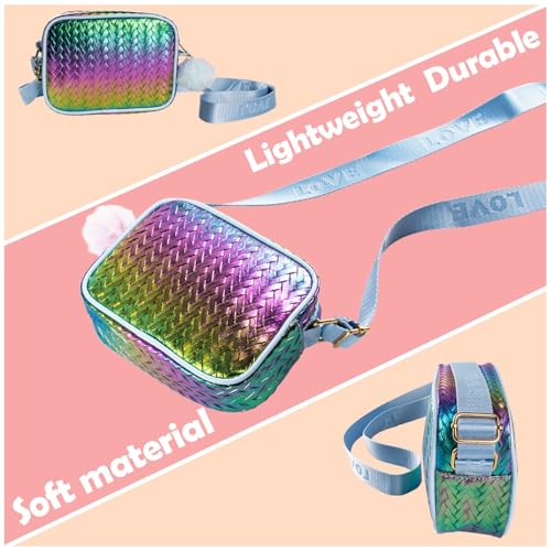 Little Girl Purse Crossbody Bag for Kids, Rainbow Woven Pattern Toddler Crossbody Purse with Pompom, Small Wallet for Girls Gifts Age 2-123