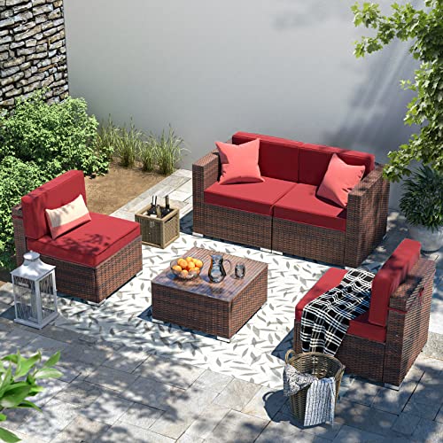 Amopatio 5 Pieces Patio Furniture Set All Weather Outdoor Sectional Sofa, Outdoor Modern Small Sectional Furniture Wicker Couch With Coffee Table, Thicken Burgundy Anti-Slip Cushions, Waterproof Cover #TOP28