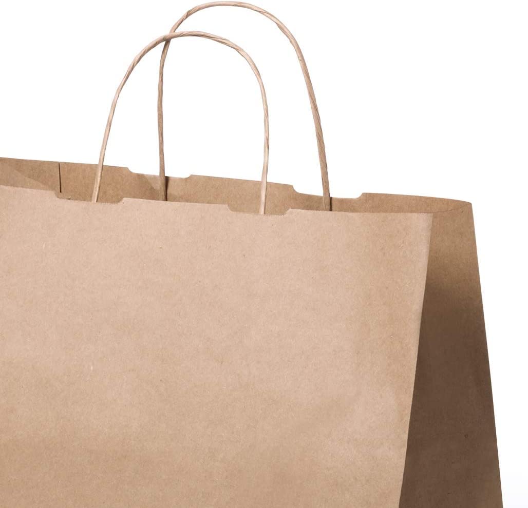 Bolsa de papel kraft Take Away, con asas rizadas reforzadas, muy resistentes. Lote de 200 unidades. Perfectas para restaurantes y comercios.