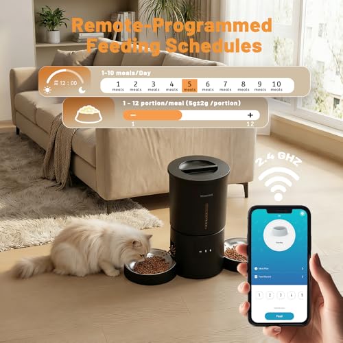 Miaosical Automatic Cat Feeder 2 Cats,2.4G WiFi Timed Auto Cat Food Dispenser with Dual Bowls,4.2L Smart App Control,Equal Portion Feeding for Multiple Cats (Black, 4.2L WiFi Dual Bowl) - Image 8