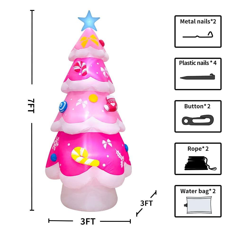 KOOY 7FT Christmas Inflatable Outdoor Decoration, Christmas Pink Tree Outdoor Blow up Yard Decorations with LED Light Up for Xmas New Year, Winter Outdoor Xmas Decor for Yard Holiday Party Lawn Décor