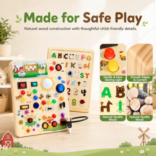 Image of Busy Board with LED Light Switches, Montessori Toys for 1 2 3 Years Old, Toddlers Wooden Toy Sensory Activity Board, Travel Toys for 1+ Year Old Boy & Girl Birthday Gift (Farm)