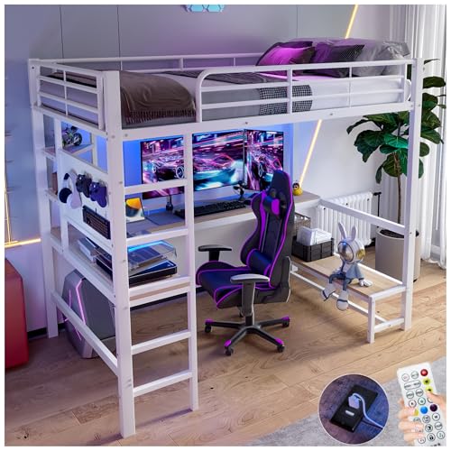 Lubvtti Cama alta 90x200, con escritorio, toma USB+TYPE-C, tira LED, estantes, panel perforado, cama apilable para niños, estructura de cama infantil en hierro (B-blanco)