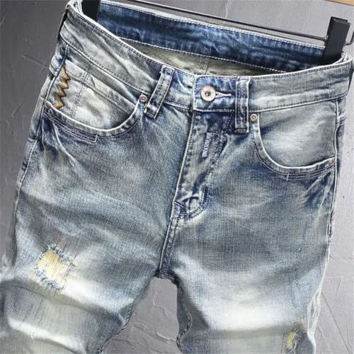 Men's Fashion Retro Washed Stretch Slim Fit Printed Ripped Jeans Vintage Denim Pants4