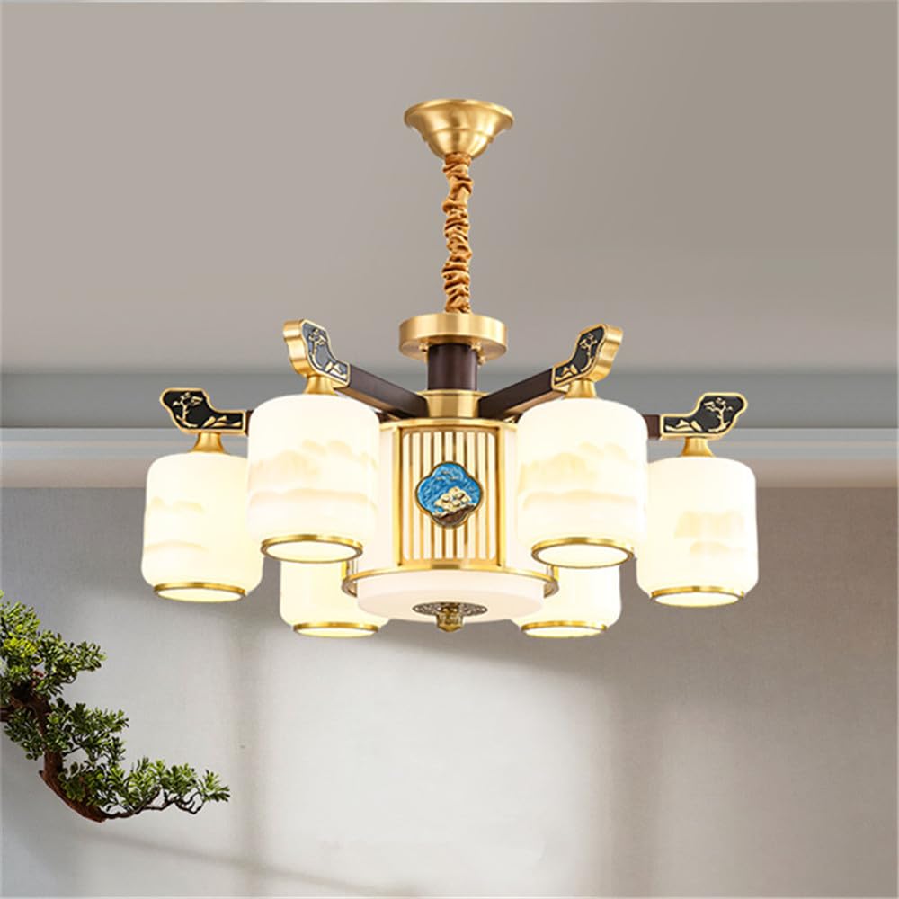 SXECAEPS Contemporary Luxury Brass Chandelier LED Chinese Style Living Room Bedroom Dining Villa Hotel Tearoom Cafe Pendent Lights (B 6 Lights)