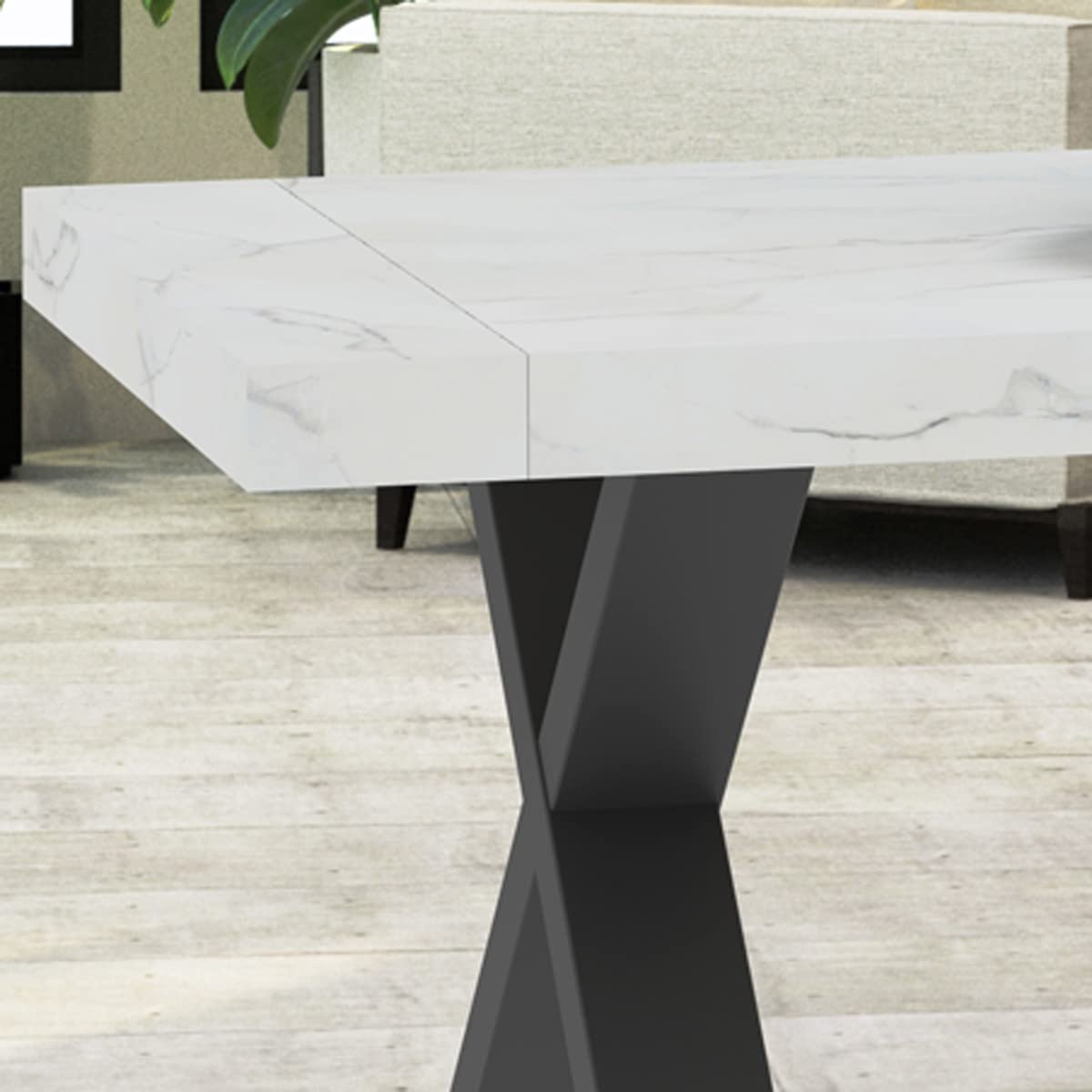 Yellowshop - Tavolo da pranzo Oliver allungabile moderno in legno Effetto MARMO BIANCO con gambe a X antracite – design elegante per sala soggiorno (180/240x90 cm)