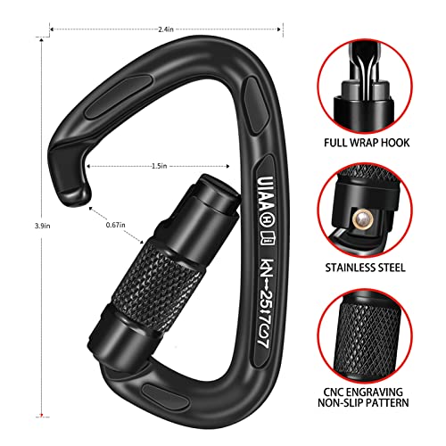 BEIFENG 25KN Auto Locking Carabiner - UIAA Certified Heavy Duty Climbing Carabiners for Rock Climbing, Camping, Rappelling, Hunting, Rescue Equipment - Professional Carabiner Clips (Black) - Image 3