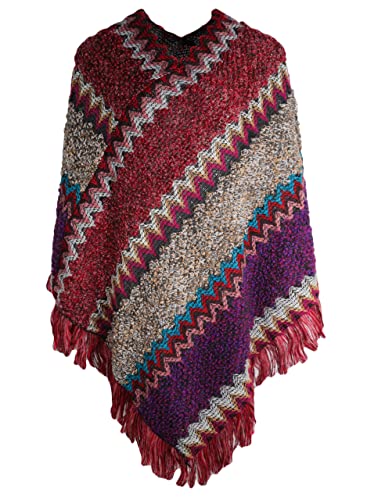 ZLYC Women's Vintage Fringe Pullover Shawl Striped Wrap Poncho Cape