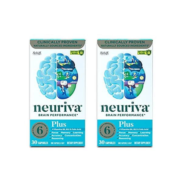 NEURIVA Nootropic Brain Support Supplement Plus Capsules (30ct Bottle) Phosphatidylserine, B6, B12, Folic Acid - Supports Focus, Memory, Learning, Accuracy, Concentration & Reasoning (Pack of 2)
