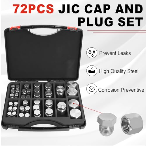 Image of 72 PCS Hydraulic Cap and Plug Kit - JIC 37 Carbon Steel Zinc-Plated, Rust-Resistant Hose & Tube Fittings, Sizes 04 06 08 10 12 16, Hydraulic Hose End Protection for Industrial Equipment Repair