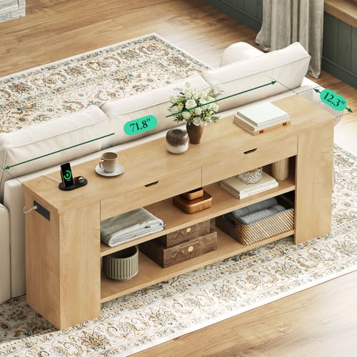 Image of 71.8 Inch Extra Long Console Table with Drawers, Farmhouse Long Console Table with Shelves & Built-in Outlets, Entryway Table with Storage for Living Room, Entryway, Natural