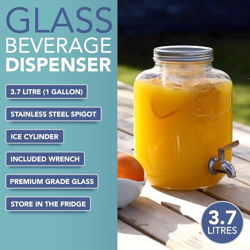 HEFTMAN Getränkespender aus Glas mit Zapfhahn – 3,7 Liter Mason Jar Getränkespender mit auslaufsicherem Edelstahlhahn & Eiszylinder Kühlschrank Wasserspender, Punsch, Cocktails, leerer Getränkespender