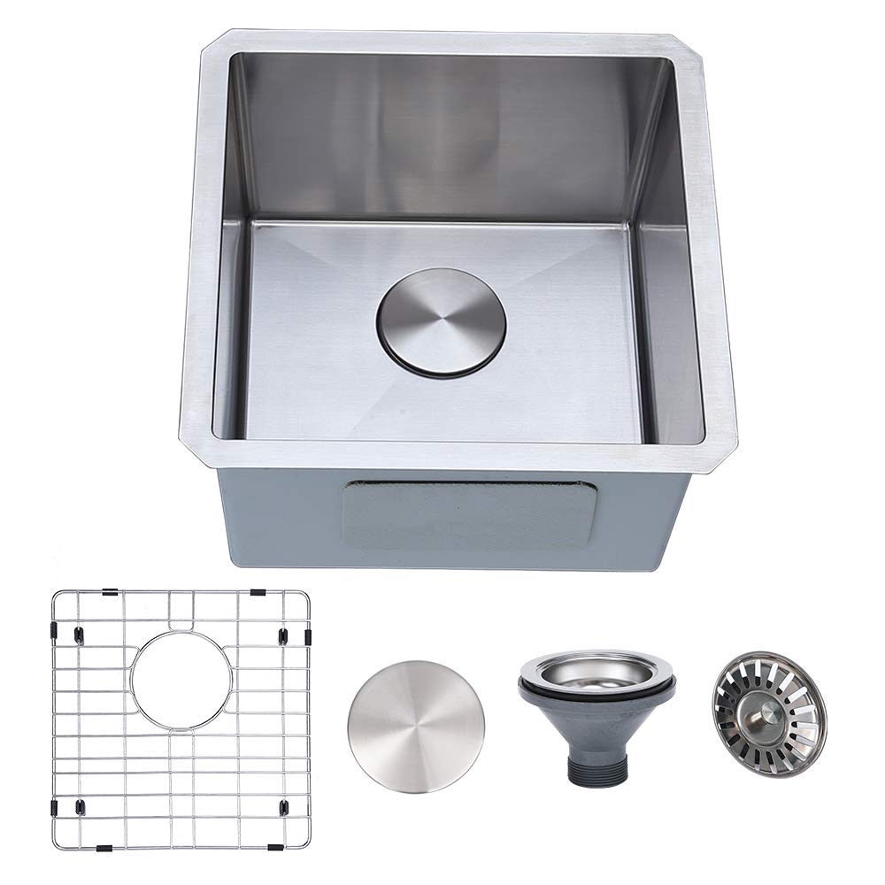 VESLA HOME 17"x17" Square Handmade Undermount Bar Sink,18 Gauge Stainless Steel Single Bowl Wet Bar or Prep Kitchen Sink with Dish Grid and Strainer