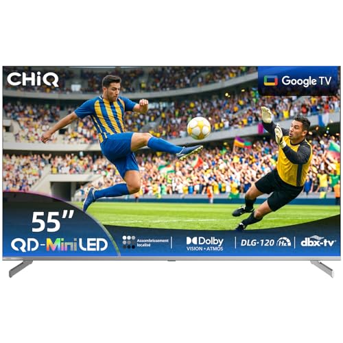 CHIQ M55QN9G 55 Pouces (139 cm) TV Smart 4K Mini QLED, Google TV, 60Hz MEMC & Local Dimming, Dolby Vision & Atmos,DLG 120Hz, HDR10 Chromecast intégrés