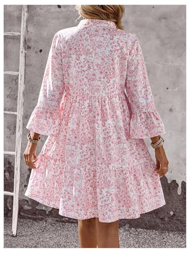SOLY HUX Women's Summer Floral Smocked Dresses V Neck 3/4 Sleeve Flowy Boho Beach Short Dress3