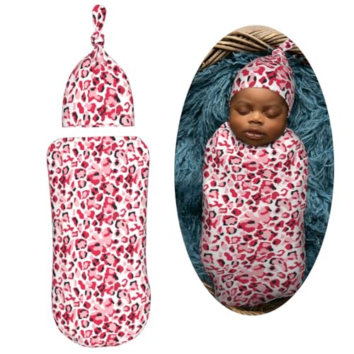 Image of Leopard Print Pink Newborn Swaddle Blankets Hat Sets Soft Baby Receiving Blanket Swaddle Sack for Baby Shower Infant Boy Girl Gift